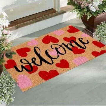 JarThenaAMCS Valentine Natural Coir Doormat Red Pink Love Heart Welcome Floor Mat Non-Slip Entrance Door Rugs for Indoor Outdoor Home Bathroom Decor, 16.5 x 29 Inch