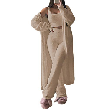 Fixmatti Womens Fuzzy Fleece 3 Piece Pajama Set Tank Crop Tops Pants Open Front Cardigan Lounge Outf...