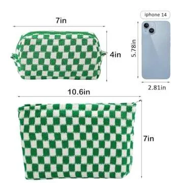 ZLFSRQ 2Pcs Checkered Makeup Bag for Women Large Cosmetic Bag Set Travel Toiletry Bag Makeup Pouch Bag for Purse Green Zipper Storage Bag Organizer Cute Small Aesthetic Girls Car Essentials Bag