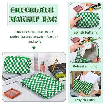ZLFSRQ 2Pcs Checkered Makeup Bag for Women Large Cosmetic Bag Set Travel Toiletry Bag Makeup Pouch Bag for Purse Green Zipper Storage Bag Organizer Cute Small Aesthetic Girls Car Essentials Bag