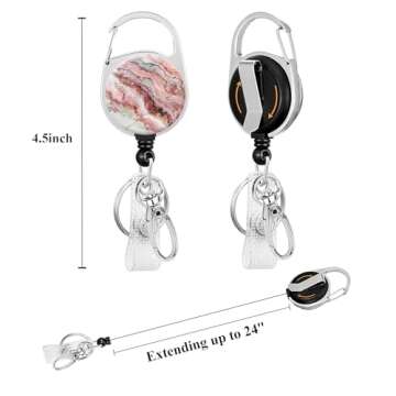 Stylish Pink White Marble Lanyard with Badge Holder and Retractable Reel