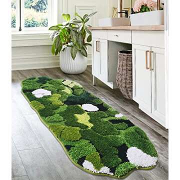 Hifuwan Cute Green Moss Bathroom Runner Rug Long Rectangular Boho Aesthetic Leaf Leaves Bath Mat Shaggy Non Slip Absorbent Shower Mat Decor