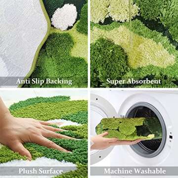 Hifuwan Cute Green Moss Bathroom Runner Rug Long Rectangular Boho Aesthetic Leaf Leaves Bath Mat Shaggy Non Slip Absorbent Shower Mat Decor