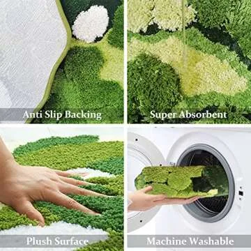 Hifuwan Cute Green Moss Bathroom Runner Rug Long Rectangular Boho Aesthetic Leaf Leaves Bath Mat Shaggy Non Slip Absorbent Shower Mat Decor