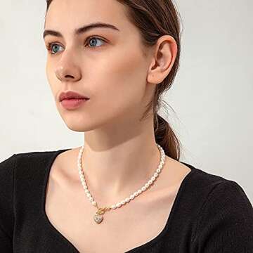 Cowlyn Love Heart Necklaces Pendant Pearl Chain 14K Gold Plated Mothers Valentine Gift Women Handmad...