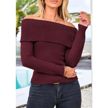 PRETTYGARDEN Women's Fall Off Shoulder Sweaters Y2K Long Sleeve Ribbed Knit Fitted Pullover Winter Date Night Tops Blouse (Wine Red,X-Large)