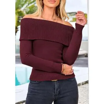 PRETTYGARDEN Women's Fall Off Shoulder Sweaters Y2K Long Sleeve Ribbed Knit Fitted Pullover Winter Date Night Tops Blouse (Wine Red,X-Large)