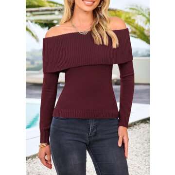 PRETTYGARDEN Women's Fall Off Shoulder Sweaters Y2K Long Sleeve Ribbed Knit Fitted Pullover Winter Date Night Tops Blouse (Wine Red,X-Large)
