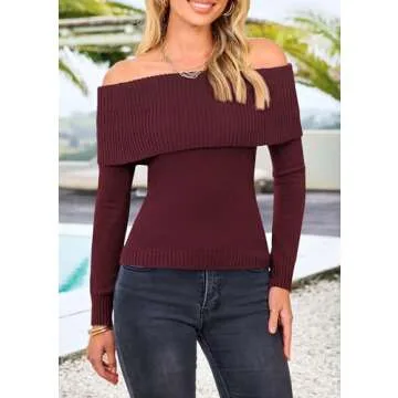 PRETTYGARDEN Women's Fall Off Shoulder Sweaters Y2K Long Sleeve Ribbed Knit Fitted Pullover Winter Date Night Tops Blouse (Wine Red,X-Large)
