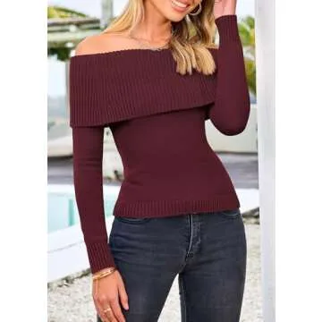 PRETTYGARDEN Women's Fall Off Shoulder Sweaters Y2K Long Sleeve Ribbed Knit Fitted Pullover Winter Date Night Tops Blouse (Wine Red,X-Large)