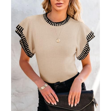 Saodimallsu Womens Short Sleeve Sweaters Tops Summer Ruffle Striped Loose Crew Neck Lightweight Soft Shirts Knit Sweater