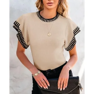 Saodimallsu Womens Short Sleeve Sweaters Tops Summer Ruffle Striped Loose Crew Neck Lightweight Soft Shirts Knit Sweater