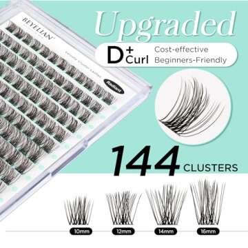 BEYELIAN Lash Clusters, 144 Pcs D+ Curl Individual Cluster Lashes False Eyelashes Extension Natural Look Reusable Glue Bonded Black Super Thin Band DIY Eyelash Extension 10-16mm (StyleC10)