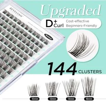 BEYELIAN Lash Clusters, 144 Pcs D+ Curl Individual Cluster Lashes False Eyelashes Extension Natural Look Reusable Glue Bonded Black Super Thin Band DIY Eyelash Extension 10-16mm (StyleC10)