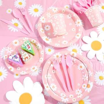 Domensi 214 Pcs Daisy Party Supplies Set Includes Banner, Plates, Napkins, Cups, Knives, Forks, Spoons, Tablecloths for Groovy Birthday Party Baby Shower Decorations, Serves 30 Guests