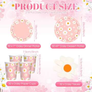 Domensi 214 Pcs Daisy Party Supplies Set Includes Banner, Plates, Napkins, Cups, Knives, Forks, Spoons, Tablecloths for Groovy Birthday Party Baby Shower Decorations, Serves 30 Guests