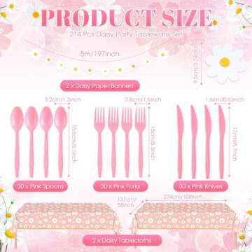 Domensi 214 Pcs Daisy Party Supplies Set Includes Banner, Plates, Napkins, Cups, Knives, Forks, Spoons, Tablecloths for Groovy Birthday Party Baby Shower Decorations, Serves 30 Guests