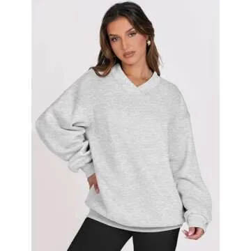 ANRABESS Womens Oversized V Neck Sweatshirt Fleece Long Sleeve Hoodies Pullover Comfy Top Outfits 2024 Teen Preppy Clothes Large Light Gray