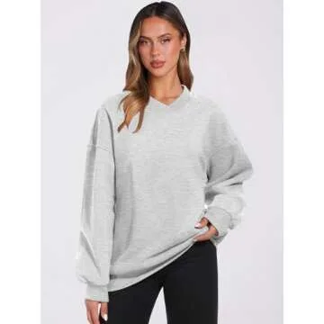 ANRABESS Womens Oversized V Neck Sweatshirt Fleece Long Sleeve Hoodies Pullover Comfy Top Outfits 2024 Teen Preppy Clothes Large Light Gray