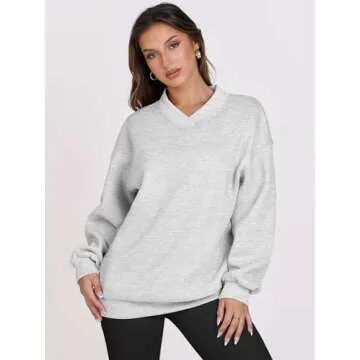 ANRABESS Womens Oversized V Neck Sweatshirt Fleece Long Sleeve Hoodies Pullover Comfy Top Outfits 2024 Teen Preppy Clothes Large Light Gray