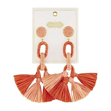 Mud Pie Women's Raffia Tassel Earrings in Coral