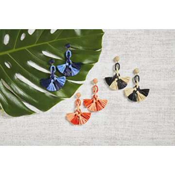 Mud Pie Women's Raffia Tassel Earrings in Coral