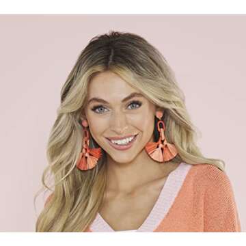 Mud Pie Women's Raffia Tassel Earrings in Coral