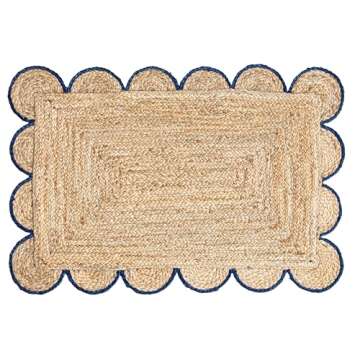 Weaving Village Scalloped Natural Jute Area Rug, Navy Trim, 2x3
