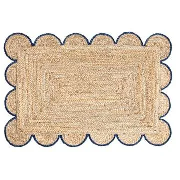 Weaving Village Scalloped Natural Jute Area Rug, Navy Trim, 2x3