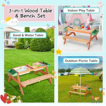 BRINJOY Kids Picnic Table Set: 4-in-1 Outdoor Activity Table with Umbrella & Garden Bed