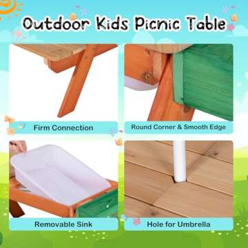 BRINJOY 4-in-1 Kids Picnic Table with Umbrella