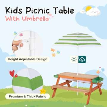 BRINJOY 4-in-1 Kids Picnic Table with Umbrella