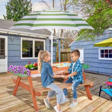 BRINJOY 4-in-1 Kids Picnic Table with Umbrella