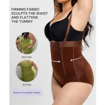 SHAPELLX Womens High Waist Shaping Panties Shapewear Tummy Control Panty Body Shaper with Side Zipper (Large Brown)