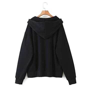Meladyan Women's Oversized Solid Zip Up Drawstring Long Sleeve Fleece Vintage Pockets 90s Coat Hooded SweatShirt, Black, X-Large