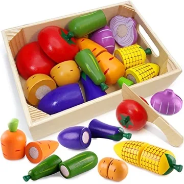 Wooden Play Food Set for Kids - Educational Cutting Toy with Fruits & Vegetables