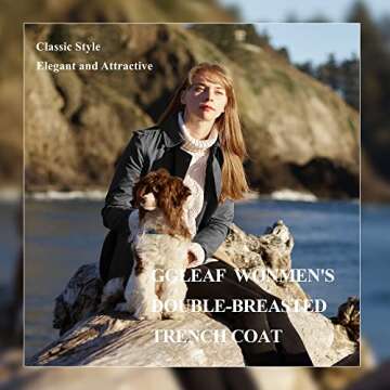 GGleaf Women's Trench Coat Double-Breasted Water Repellent Classic Overcoat Slim Outerwear Coat with Belt Black, Medium