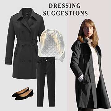 GGleaf Women's Trench Coat Double-Breasted Water Repellent Classic Overcoat Slim Outerwear Coat with Belt Black, Medium