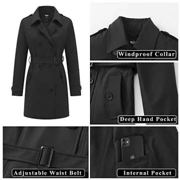 GGleaf Women's Trench Coat Double-Breasted Water Repellent Classic Overcoat Slim Outerwear Coat with Belt Black, Medium