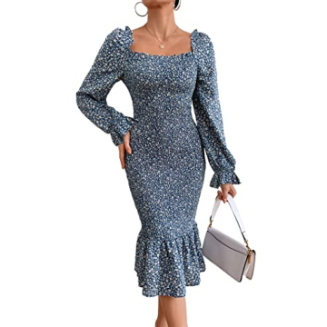 PRETTYGARDEN Women's Long Puff Sleeve Floral Midi Bodycon Dresses Square Neck Ruffle Mermaid Smocked...