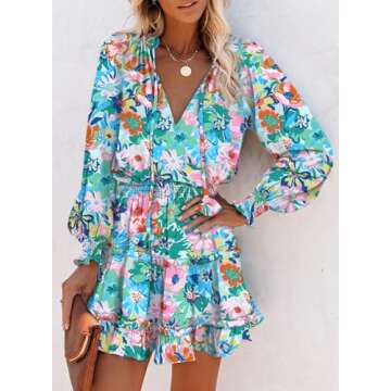 Dokotoo Sun Dresses for Women 2025 Resort Wear V Neck Ruffle Tiered Chiffon Smocked Long Sleeve Boho Hawaiian Floral Dress Beach Vacation Clothes Casual Mini Short Dress Sundress Sky Blue Small