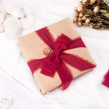 Ribbli Dark Red Chiffon Ribbon 1-1/2 inch x 20 Yard Handmade Fringe Chiffon Silk Ribbon,Dark Red Rib...