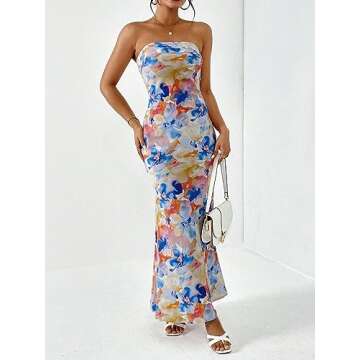 OYOANGLE Women's Floral Print Sleeveless Strapless Draped Backless Bodycon Summer Maxi Tube Dress Multicolor Large