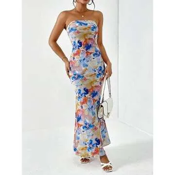 OYOANGLE Women's Floral Print Sleeveless Strapless Draped Backless Bodycon Summer Maxi Tube Dress Multicolor Large