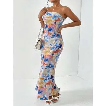 OYOANGLE Women's Floral Print Sleeveless Strapless Draped Backless Bodycon Summer Maxi Tube Dress Multicolor Large
