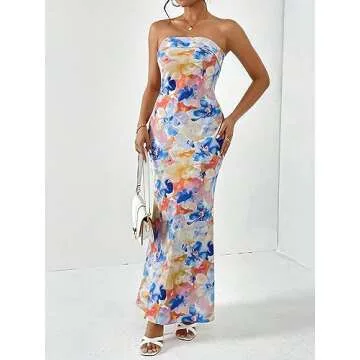 OYOANGLE Women's Floral Print Sleeveless Strapless Draped Backless Bodycon Summer Maxi Tube Dress Multicolor Large