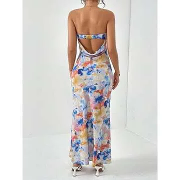 OYOANGLE Women's Floral Print Sleeveless Strapless Draped Backless Bodycon Summer Maxi Tube Dress Multicolor Large