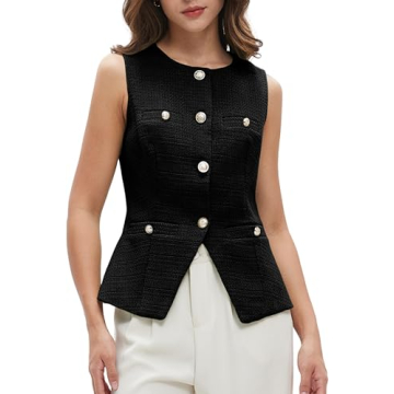 Women's Tweed Blazer Vest Sleeveless Button Front Casual Blazer Jackets Work Office Vest Black