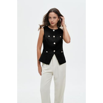 Women's Tweed Blazer Vest Sleeveless Button Front Casual Blazer Jackets Work Office Vest Black