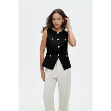 Women's Tweed Blazer Vest Sleeveless Button Front Casual Blazer Jackets Work Office Vest Black